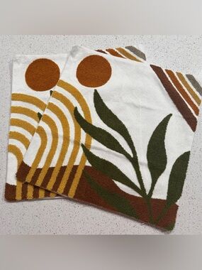 Boho White Pillow Cover with Green Leaf and Mustard Accents Set of 2  L2